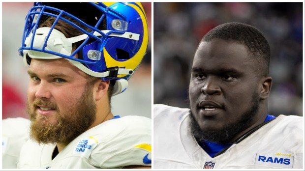 While the Rams remain in communication with offensive linemen Coleman Shelton, left, and Kevin Dotson, right, ahead of next month鈥檚 NFL free agency, GM Les Snead told reporters on Tuesday that he expects both players to test their value on the open market. (Photos by The Associated Press)
