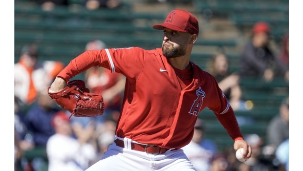 Angels starting pitcher Patrick Sandoval, shown in a file photo, pitched two perfect innings with two strikeouts in the Angels’ 4-1 Cactus League victory over the Cleveland Guardians on Thursday in Tempe, Ariz. (AP Photo/Morry Gash)
