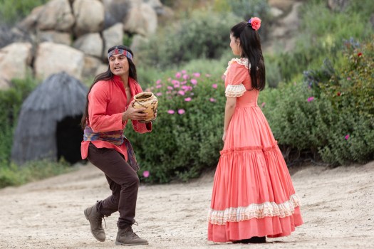 Eli Santana, who plays Alessandro, and Shirley Casillas, who is Ramona, are seen Thursday, April 18, 2024, during a “Ramona” performance for fourth graders at the Ramona Bowl Amphitheatre near Hemet. The outdoor play’s 101st season begins Saturday, April 20, 2024. (Photo by Andrew Foulk, Contributing Photographer)
