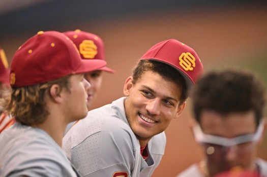 Duce Robinson smiles in the dugout on March 5, as USC’s baseball team beats Cal State Fullerton 6-5. (Photo courtesy of USC athletics)
