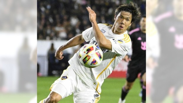Galaxy defender Miki Yamane controls the ball against Inter Miami CF in the first half Feb. 25, 2024, at Dignity Health Sports Park. (Photo by Keith Birmingham, Pasadena Star-ɫ̳/ SCNG)
