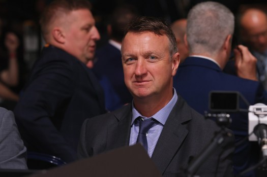Kings general manager Rob Blake, seen at the NHL draft June 29, 2023 in Nashville, Tennessee, looks to have a challenging offseason ahead. (Photo by Bruce Bennett/Getty Images)
