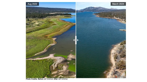 Comparison of water level at Big Bear Lake  looking south from the Stanfield Cutoff  in Big Bear CA. Right is on March 2024 and left is Aug. 2023. (Photo by Jeff Gritchen, Orange County Register/SCNG)

