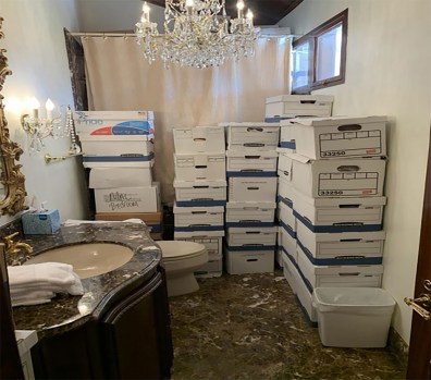 PALM BEACH, FLORIDA – UNSPECIFIED: In this handout photo provided by the U.S. Department of Justice, stacks of boxes can be observed in a bathroom and shower in The Mar-a-Lago Club’s Lake Room at former U.S. President Donald Trump’s Mar-a-Lago estate in Palm Beach, Florida. Former U.S. President Donald Trump has been indicted on 37 felony counts in the special counsel’s classified documents probe. (Photo by U.S. Department of Justice via Getty Images)
